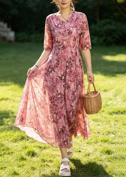 Pink Print Slim Silk Maxi Dresses Short Sleeve