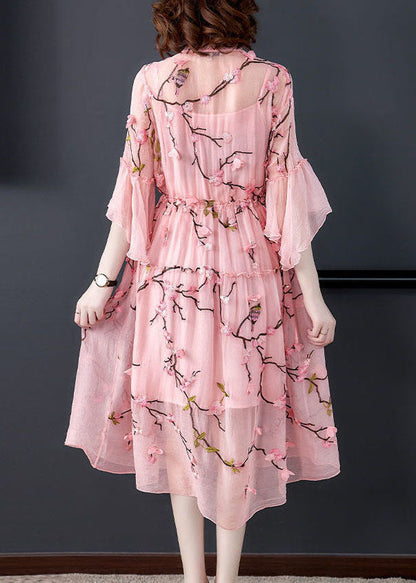 Pink Ruffled Embroideried Chiffonsilk Maxi Dresses Flare Sleeve