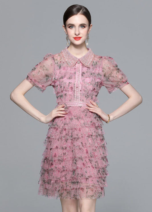 Pink Ruffled Nail Bead Print Patchwork Tulle Mid Dress Summer