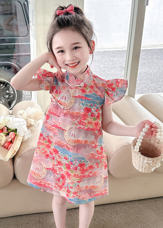 Pink Stand Collar Button Mid Dress Summer