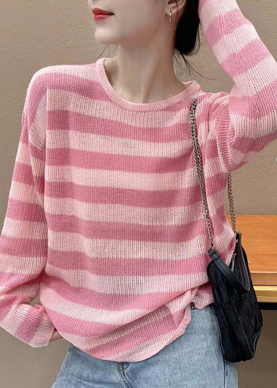 Pink Striped O Neck Cozy Knit Top Long Sleeve