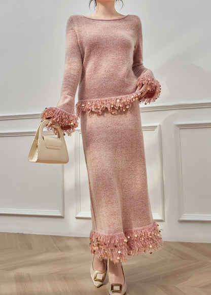Pink Tasseled Sequins Knit Two Pieces Set Flare Sleeve