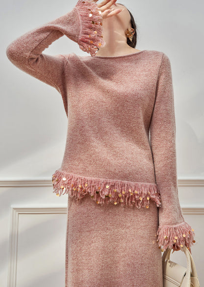 Pink Tasseled Sequins Knit Two Pieces Set Flare Sleeve