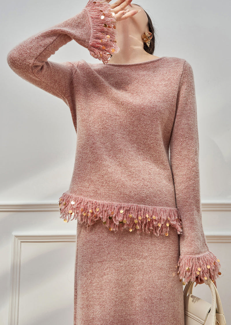 Pink Tasseled Sequins Knit Two Pieces Set Flare Sleeve
