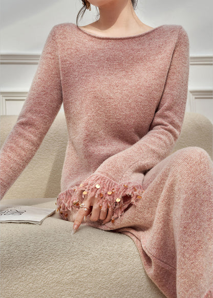 Pink Tasseled Sequins Knit Two Pieces Set Flare Sleeve