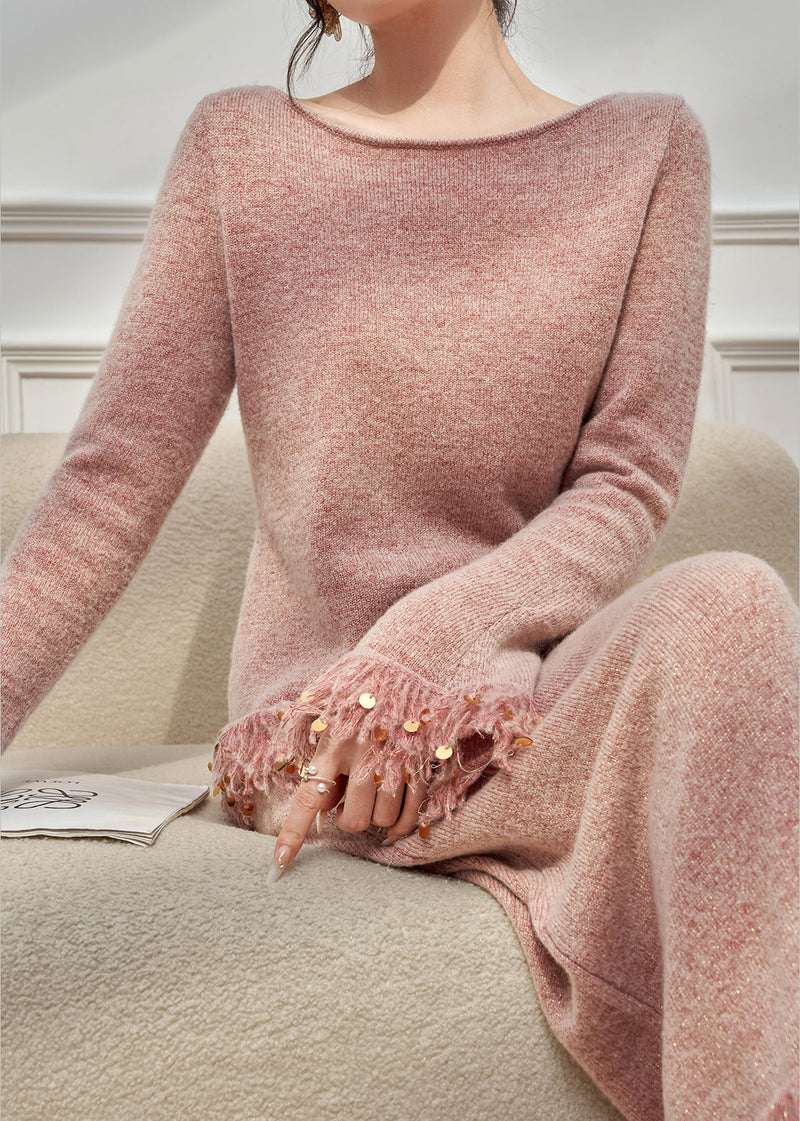 Pink Tasseled Sequins Knit Two Pieces Set Flare Sleeve