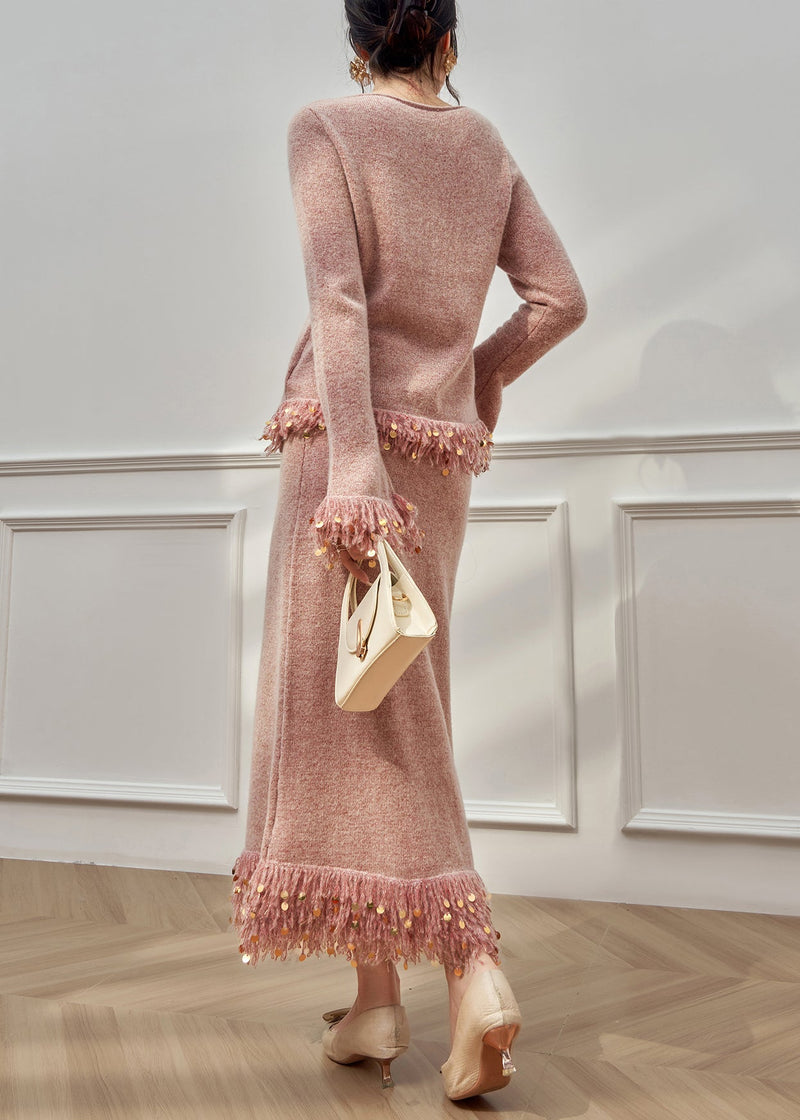Pink Tasseled Sequins Knit Two Pieces Set Flare Sleeve