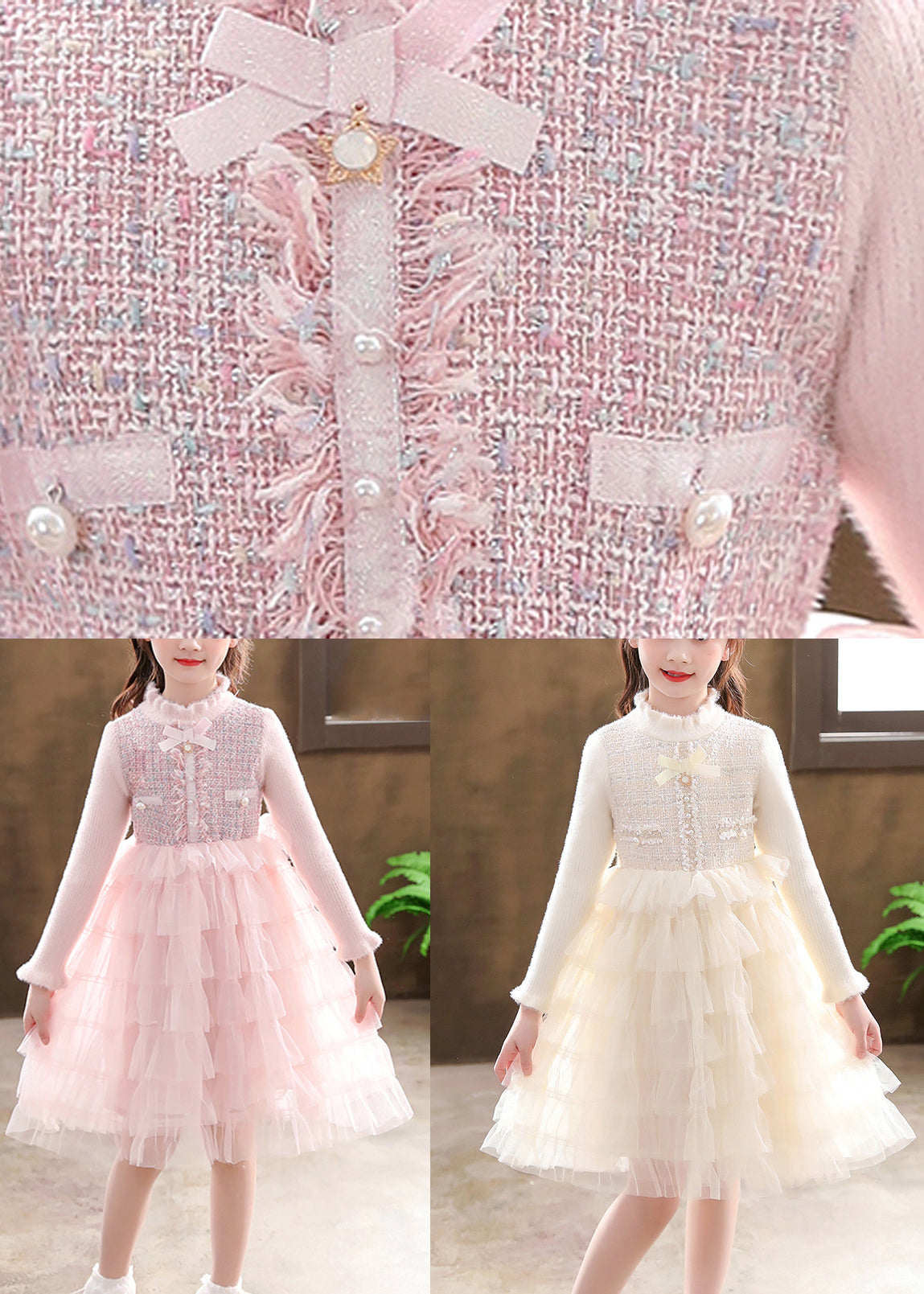 Pink Turtleneck Knit Patchwork Tulle Kids Vacation Mid Dresses Long Sleeve