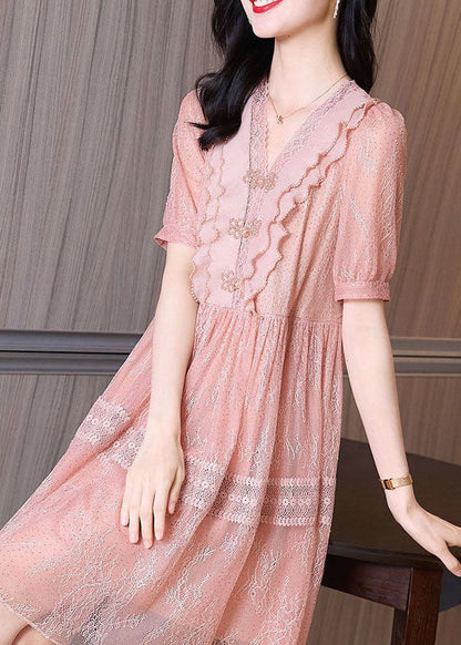 Pink V Neck Lace Ruffles Patchwork Tulle Dress Summer