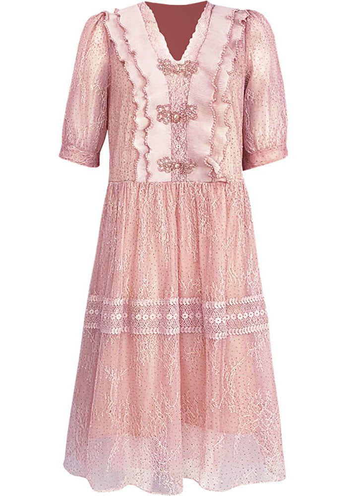 Pink V Neck Lace Ruffles Patchwork Tulle Dress Summer