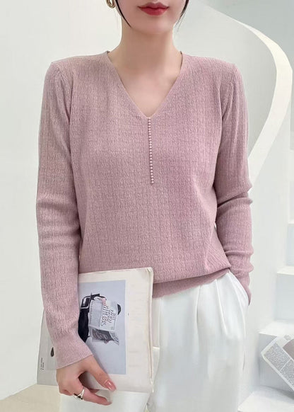 Pink V Neck Nail Bead Knit Sweater Fall