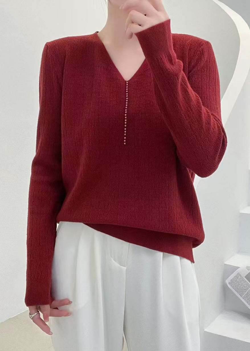 Pink V Neck Nail Bead Knit Sweater Fall