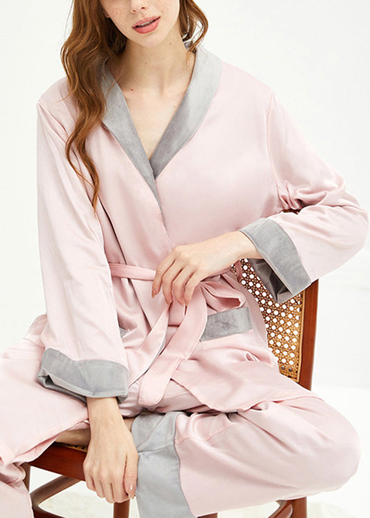 Pink V Neck Tie Waist Velour Pajamas Two Pieces Set Spring