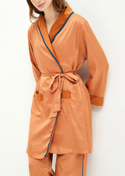 Pink V Neck Tie Waist Velour Pajamas Two Pieces Set Spring