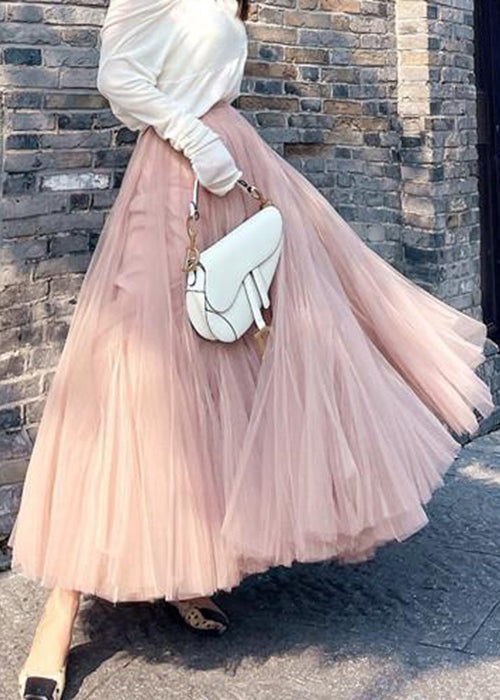 Pink Wrinkled High Waist Tulle Skirt Spring