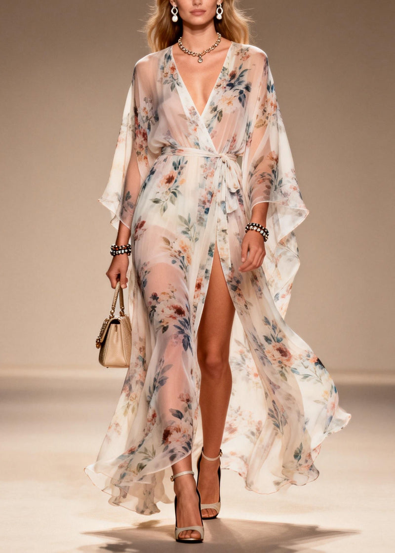 Print Side Open Lace Up Chiffon Dresses Summer