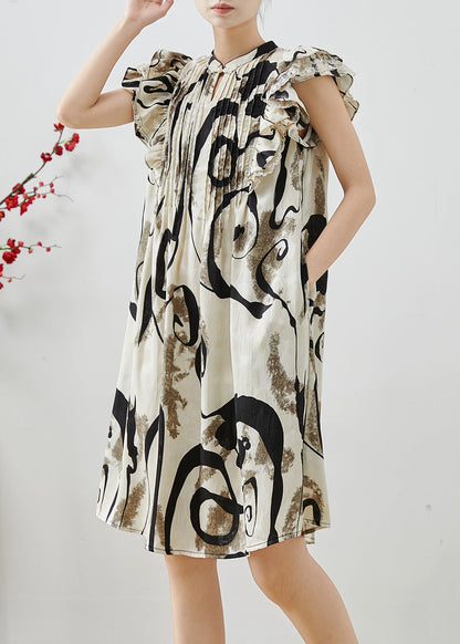 Print Wrinkled Chiffon Mid Dress Butterfly Sleeve