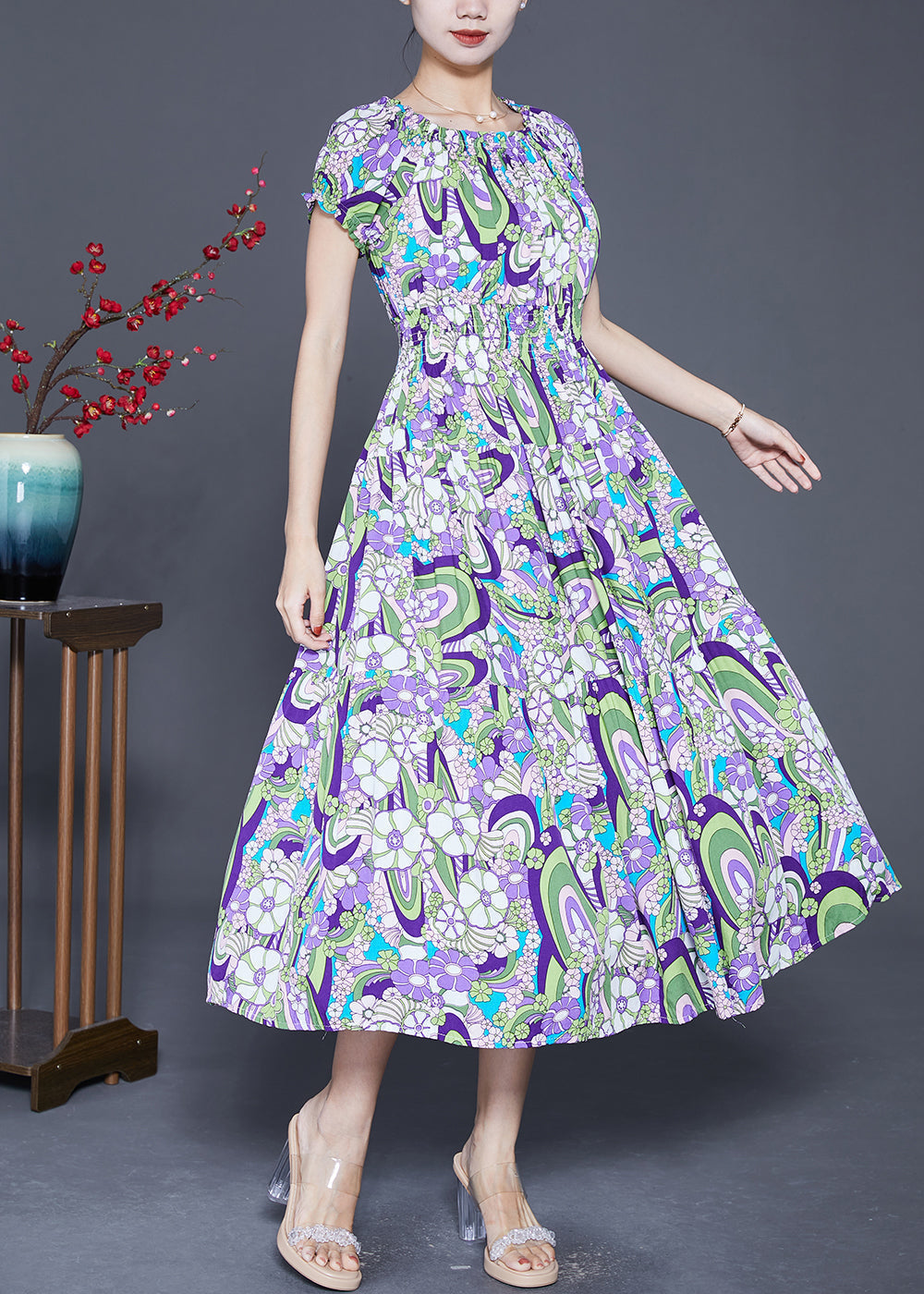 Purple Elastic Waist Print Cotton Beach Dress Summer
