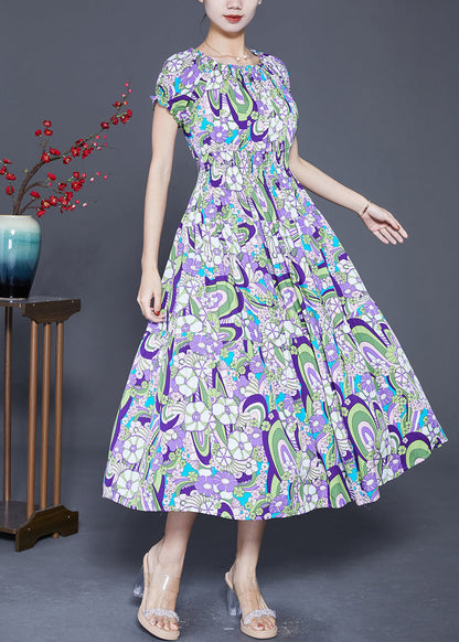 Purple Elastic Waist Print Cotton Beach Dress Summer