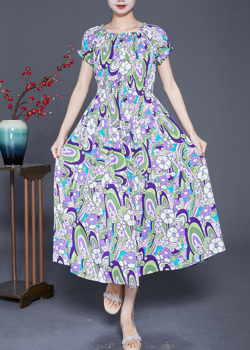 Purple Elastic Waist Print Cotton Beach Dress Summer