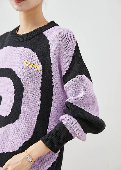 Purple Oversized Print Knit Sweaters Winter