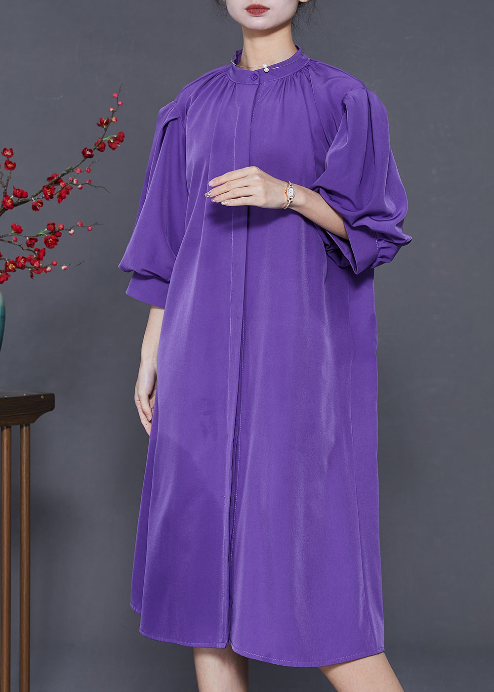 Purple Stand Collar Puff Sleeve Cotton Sundress