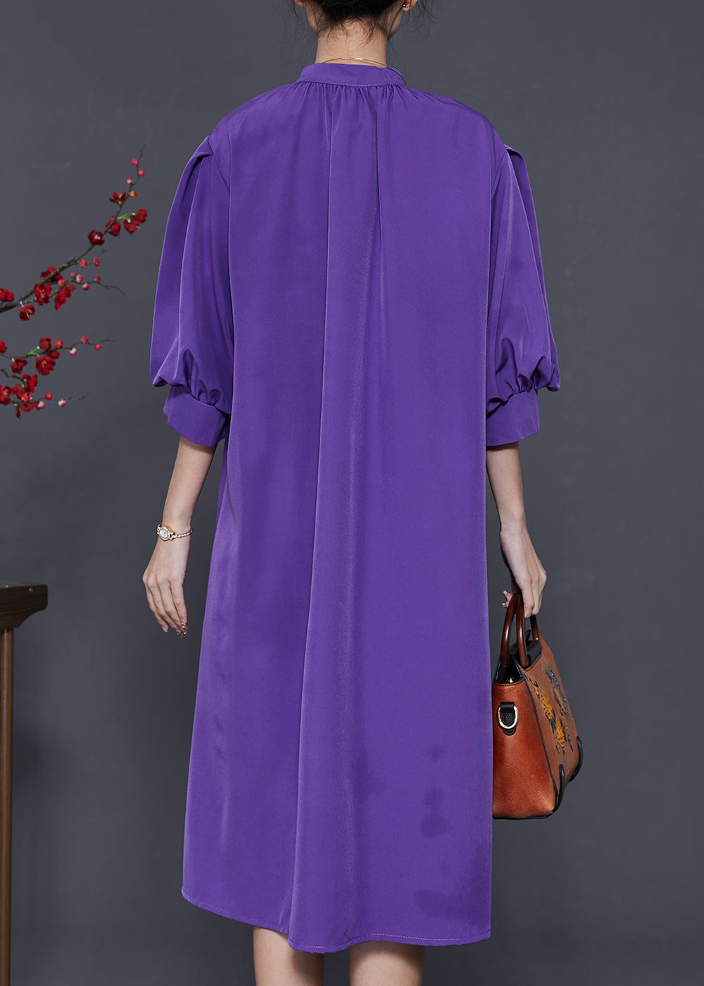 Purple Stand Collar Puff Sleeve Cotton Sundress
