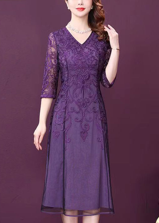 Purple V Neck Lace Patchwork Tulle Dresses Half Sleeve