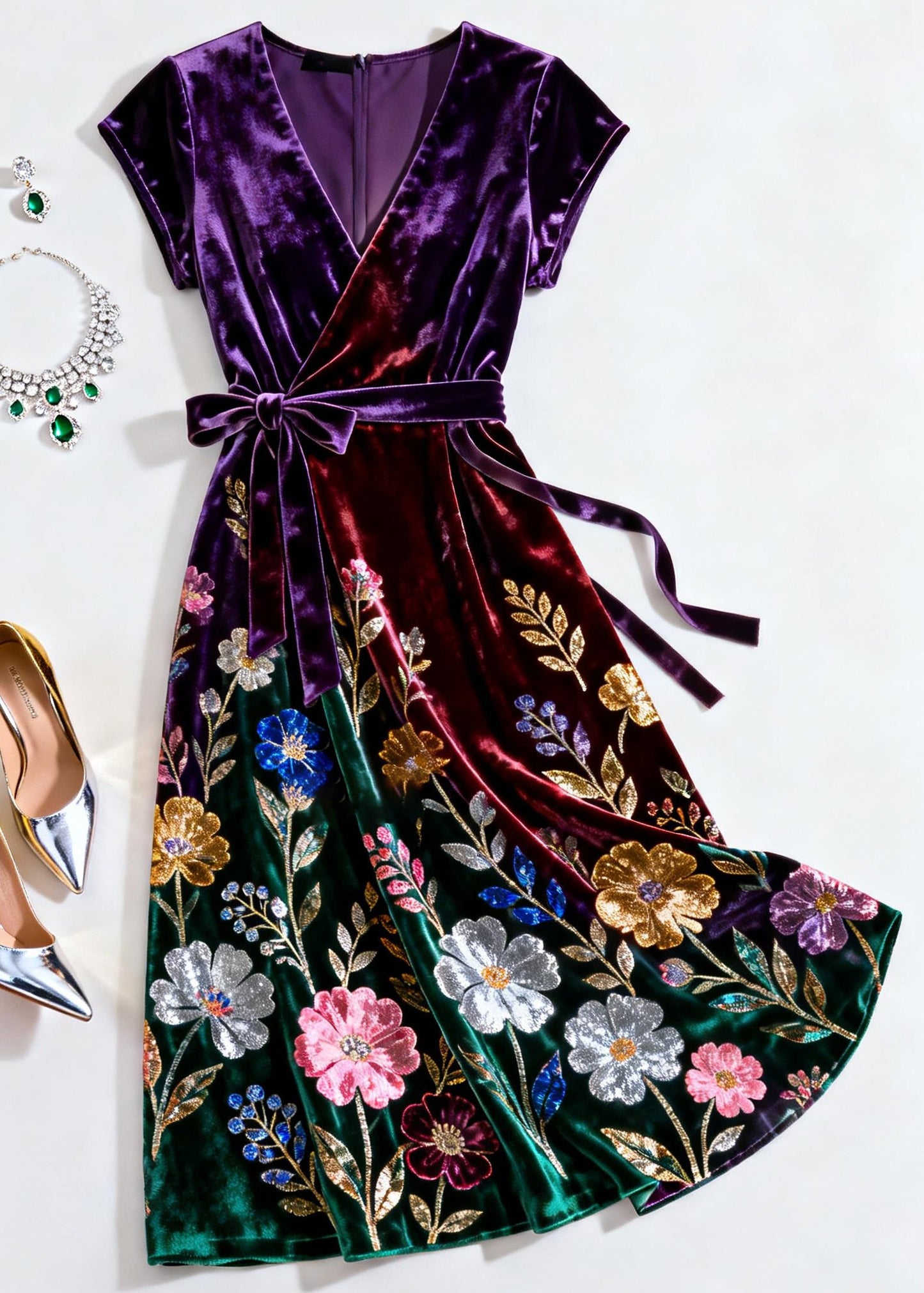 Purple V Neck Print Tie Waist Silk Velvet Dress Summer