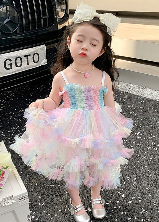 Rainbow Ruffled Exra Large Hem Tulle Kids Spaghetti Strap Dress Summer