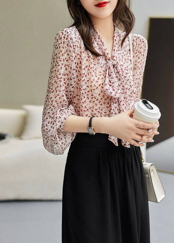 Red Bow Print Silk Tops Long Sleeve