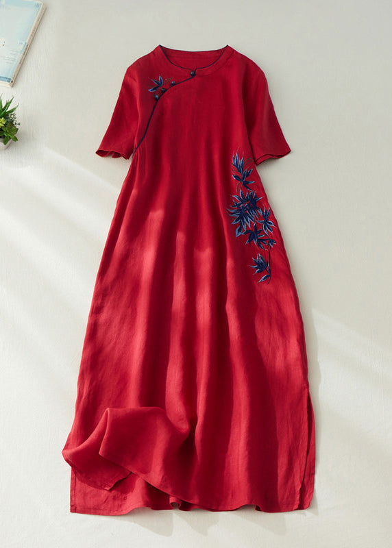 Red Embroidered Side Open Long Dress Short Sleeve