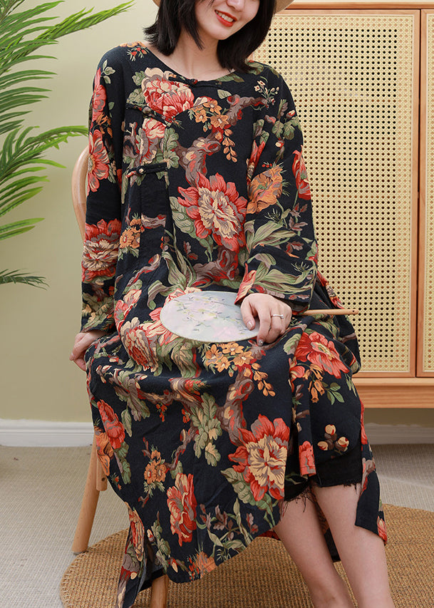 Red Print O-neck Inclined Plate Buckle Dress Long Sleeve