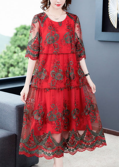 Red O-neck Embroideried Tulle Vacation Dress Half Sleeve