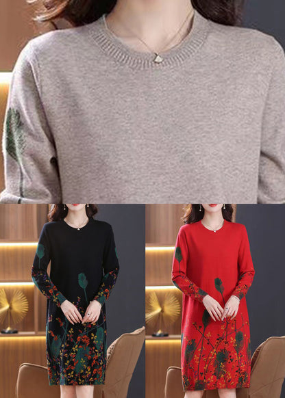 Red O Neck Print Knit Sweater Dress Spring