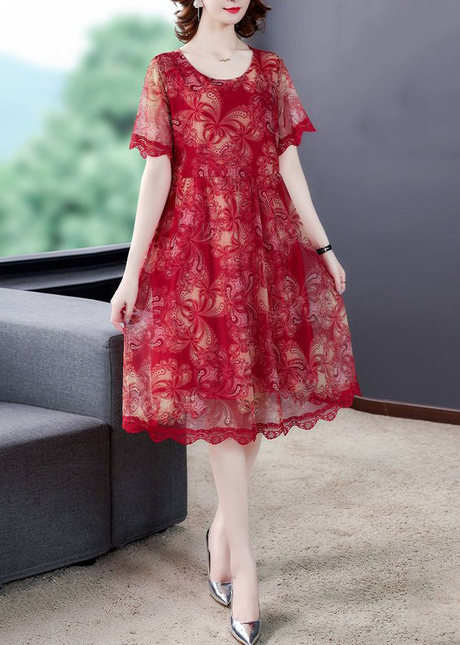 Red O Neck Print Lace Tulle Dress Summer