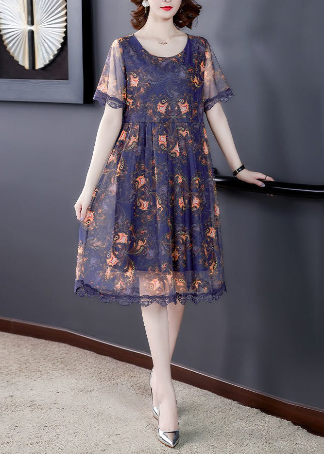 Red O Neck Print Lace Tulle Dress Summer