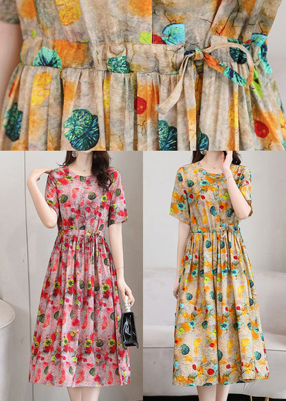 Red O-neck Print Linen Cinch Dresses Short Sleeve
