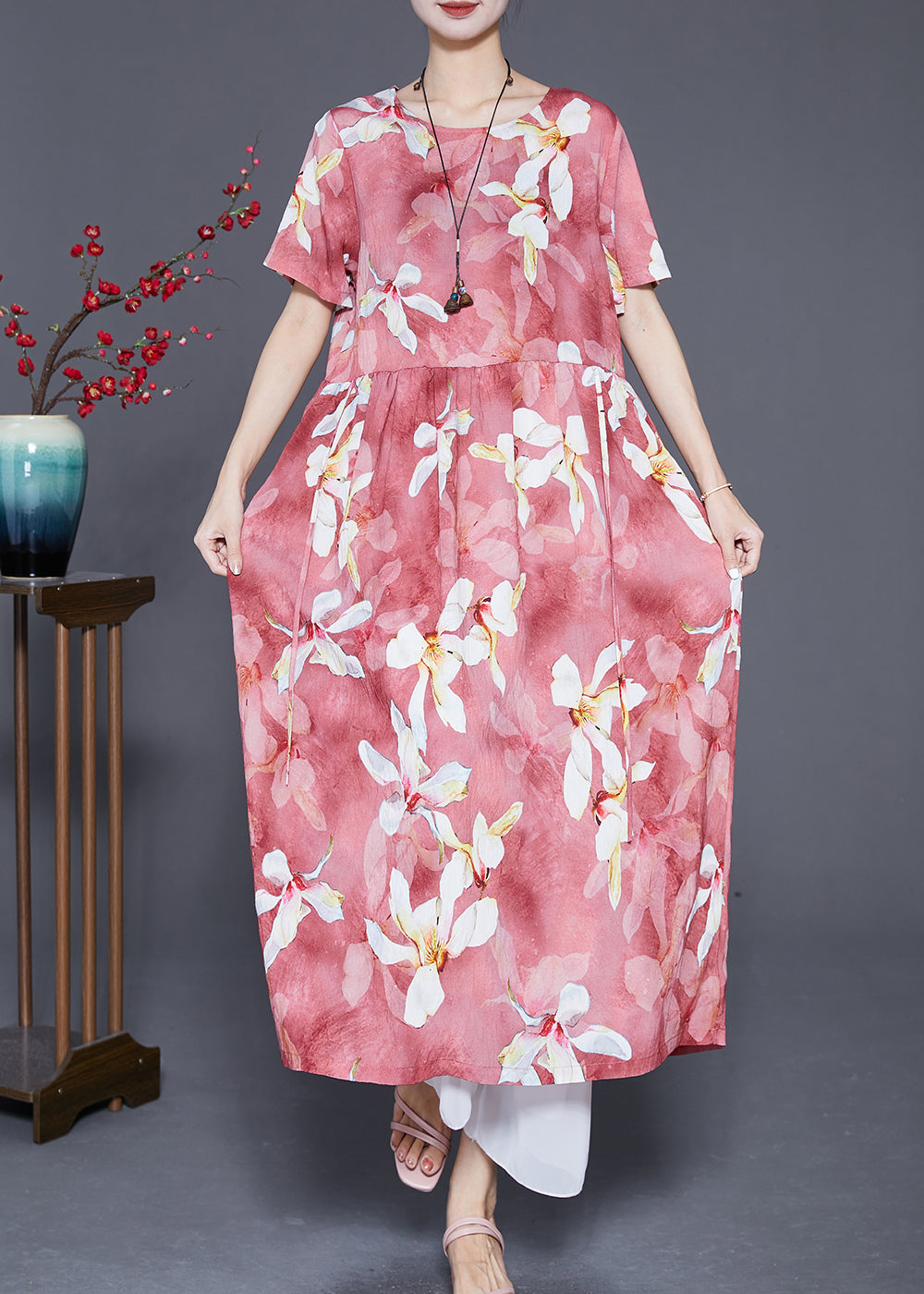 Red Oversized Print Linen Holiday Dress Summer