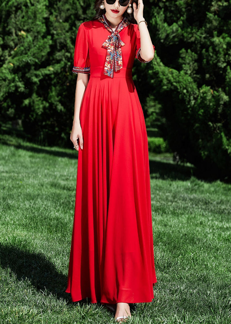Red Patchwork Wrinkled Tunic Chiffon Long Dress Summer