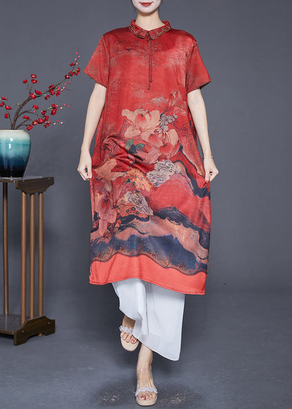 Red Peter Pan Collar Print Silk Robe Dresses Summer