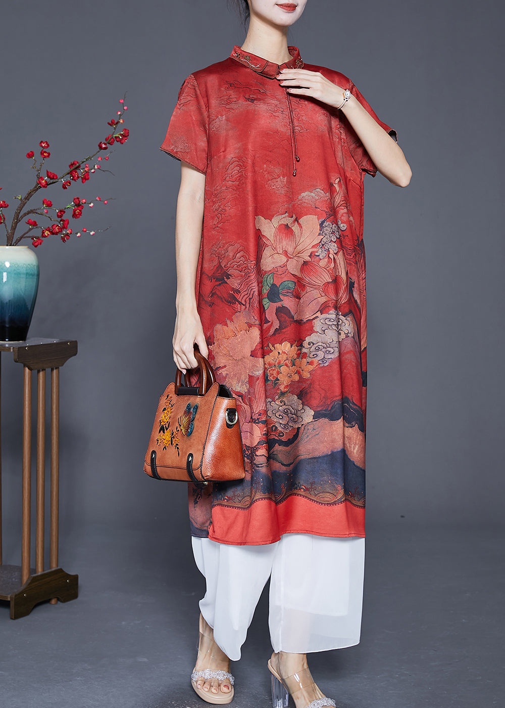 Red Peter Pan Collar Print Silk Robe Dresses Summer