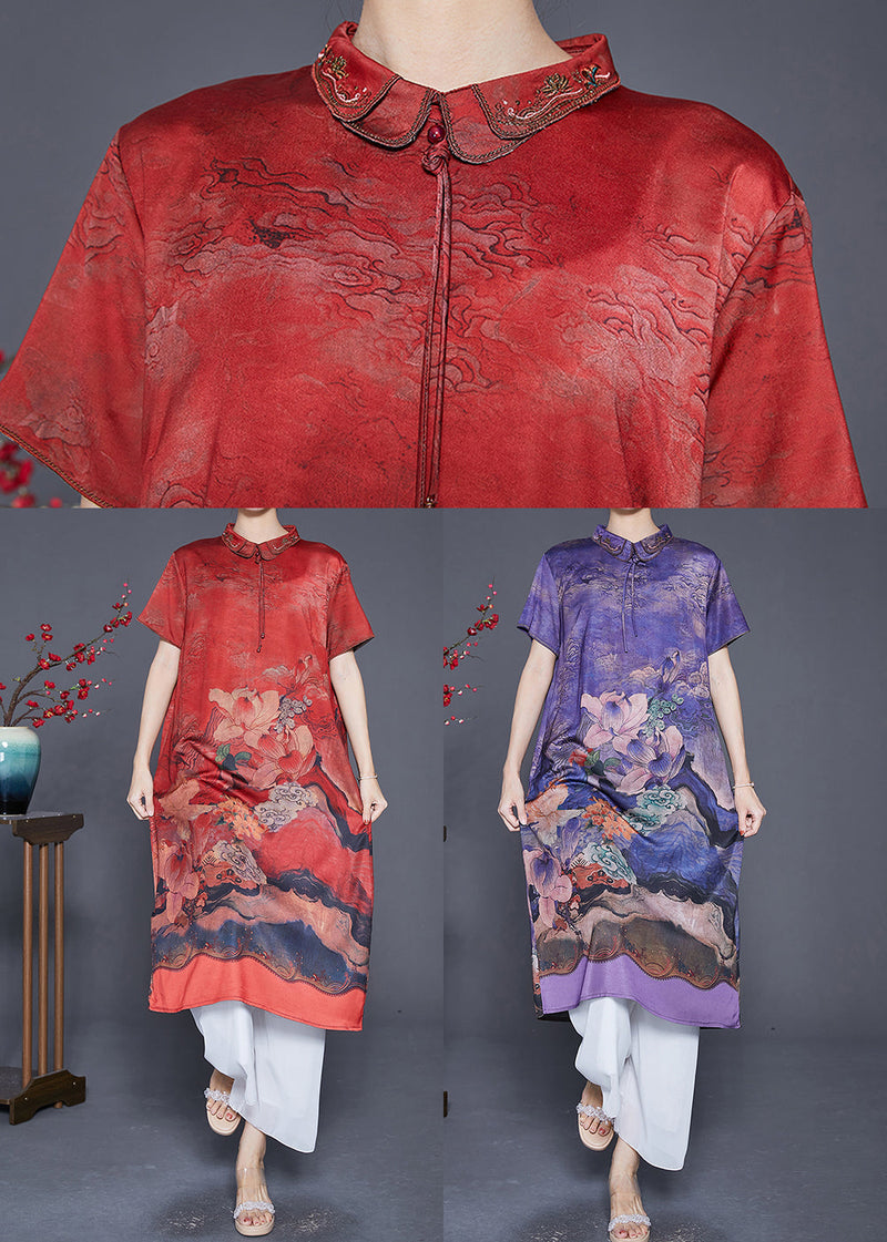 Red Peter Pan Collar Print Silk Robe Dresses Summer