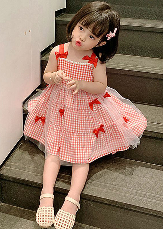 Red Plaid Patchwork Tulle Kids Slip Long Dress Summer