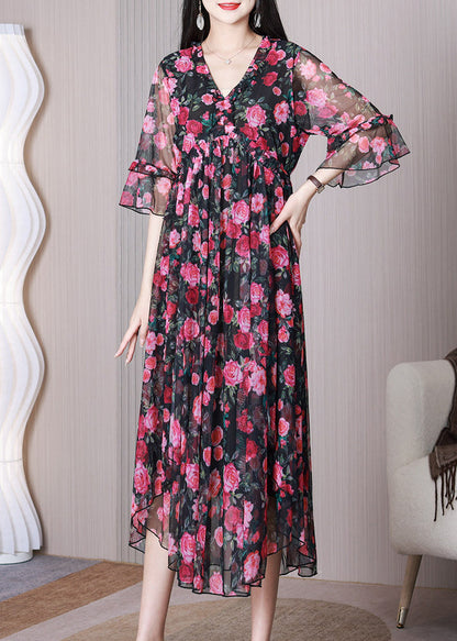 Red Print Ruffled Chiffon Long Dress Half Sleeve