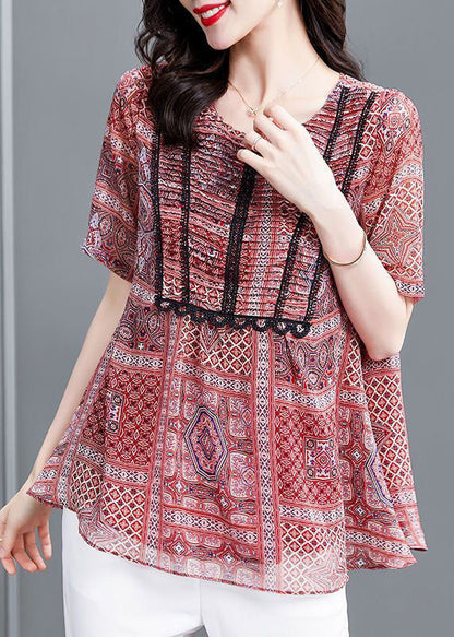 Red Print Wrinkled Chiffon Blouse Top Summer