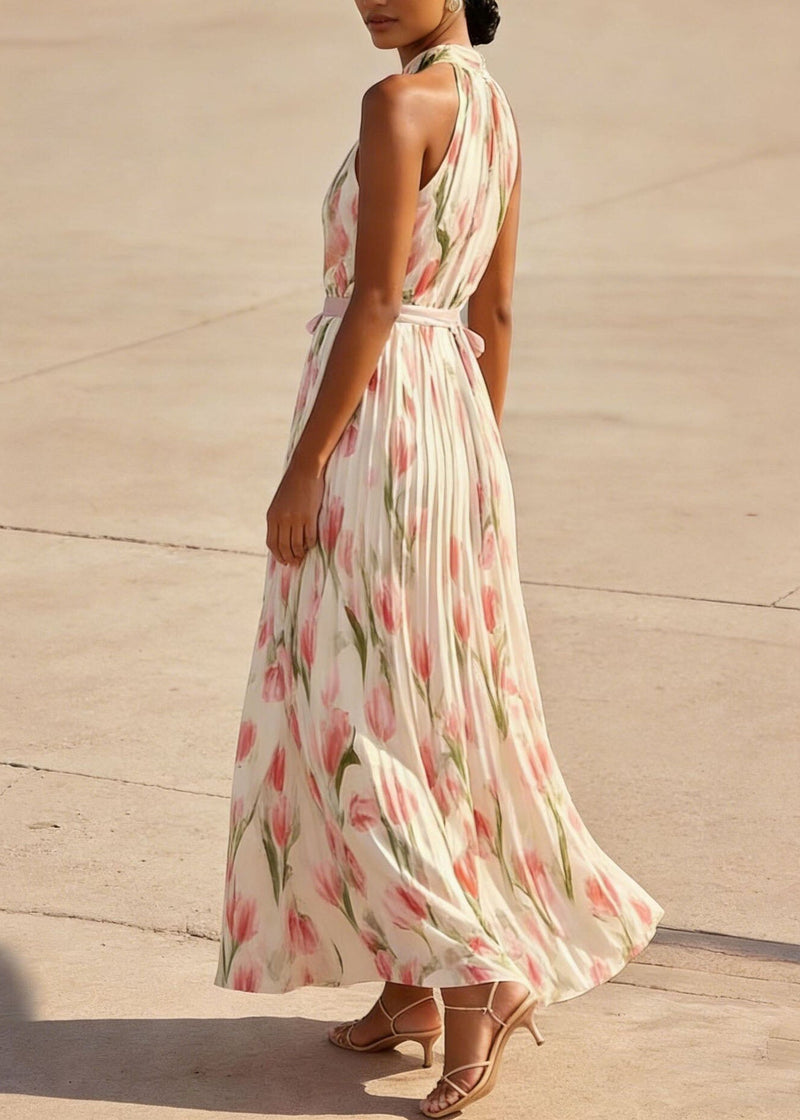 Red Print Wrinkled Chiffon Dresses Sleeveless