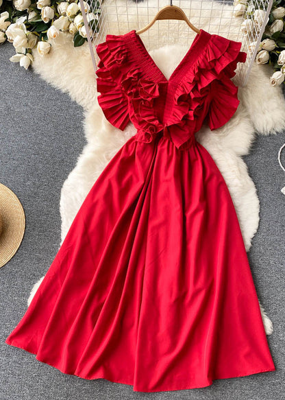 Red Ruffled Button Cotton Dress Summer