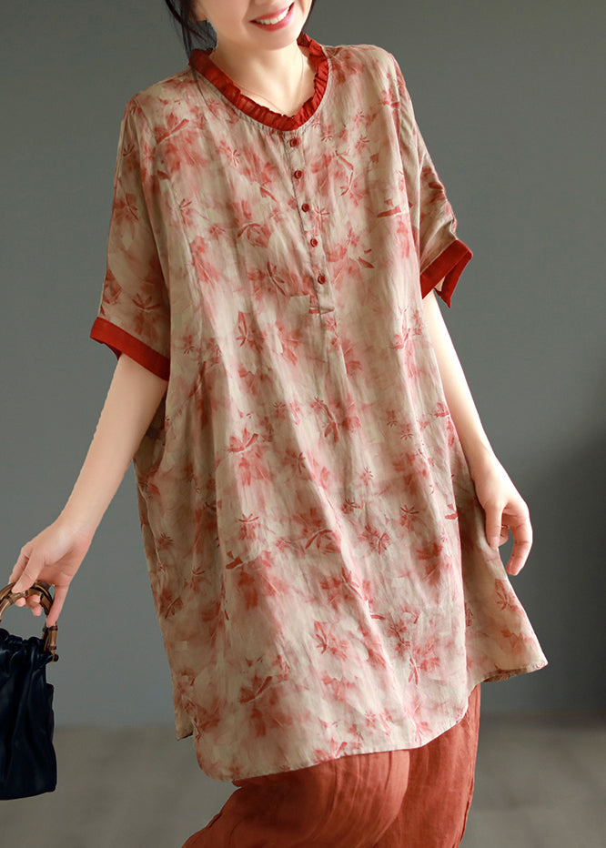 Red Ruffled Print Patchwork Linen Mid Dress Summer