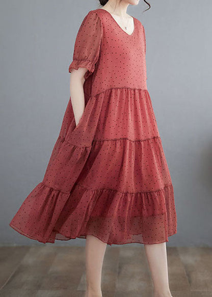 Red V Neck Dot Print Patchwork Chiffon Dresses Summer